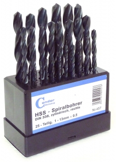 Vrtáky valcované, HSS, 1.0 - 10.0 mm, súprava 19 dielov, v plastovom stojane, Condor Werkzeug