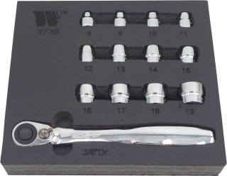 Gola sada 3/8", extra krátke pre stiesnené priestory 8 - 19 mm, CrV, 13 dielov, Welzh