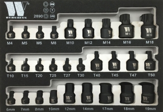 Hlavica zástrčná, Torx T10-T50, Inbus H6-H19, XZN M4-M18, extra krátke, sada 28 dielov, Welzh