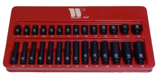 Hlavica nástrčné 1/4", pre rázové uťahovače, CrMo, 4-15 mm, sada 28 dielov, Welzh