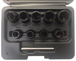 Hlavica nástrčné 3/8" na povoľovanie poškodených matíc a skrutiek, 10-19 mm, CrMo, sada 10 dielov, Welzh