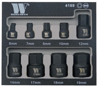 Hlavica zástrčné 3/8" a 1/4", Inbus 6-19 mm, extra krátke, sada 9 dielov, Welzh
